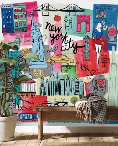 colorido mural de papel pintado con ilustraciones de la ciudad de Nueva York llamado New York City Life de Farida Zaman para dormitorios y negocios