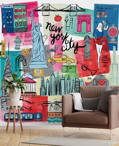 mural colorido de papel de parede com ilustração da cidade de Nova York chamado New York City Life, de Farida Zaman, para quartos e empresas mural colorido de papel de parede com ilustração da cidade de Nova York chamado New York City Life, de Farida Zaman, para quartos e empresas