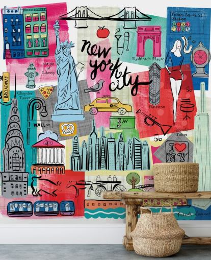mural colorido de papel de parede com ilustração da cidade de Nova York chamado New York City Life, de Farida Zaman, para quartos e empresas