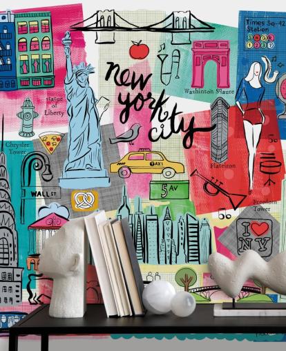 farverigt New York City-illustration tapetmaleri kaldet New York City Life af Farida Zaman til soveværelser og virksomheder