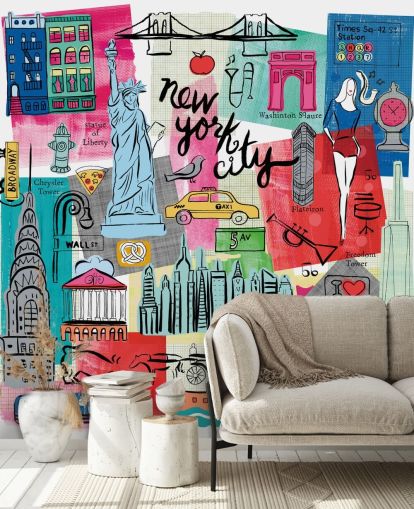 carta da parati colorata con illustrazione di New York City chiamata New York City Life di Farida Zaman per camere da letto e aziende