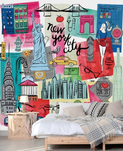 kleurrijke New York City illustratie muurschildering genaamd New York City Life van Farida Zaman voor slaapkamers en bedrijven