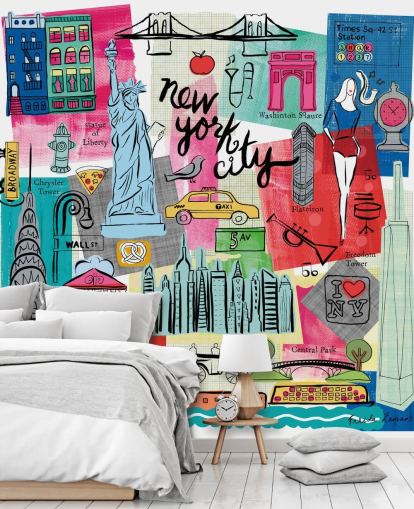 kleurrijke New York City illustratie muurschildering genaamd New York City Life van Farida Zaman voor slaapkamers en bedrijven