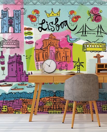 colourful illustration of lisbon wallpaper
