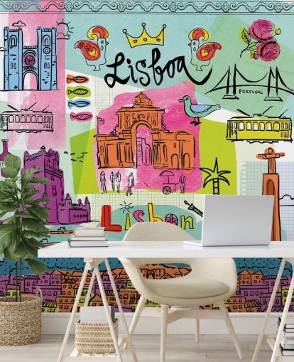 kleurrijke illustratie van lissabon behang kleurrijke illustratie van lissabon behang