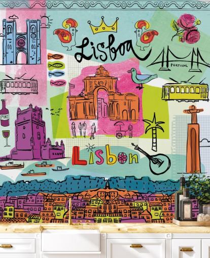 farverig illustration af lissabon tapet