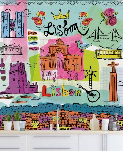 colourful illustration of lisbon wallpaper