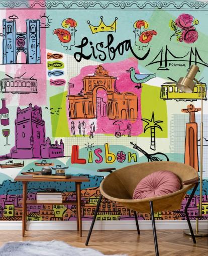 colourful illustration of lisbon wallpaper