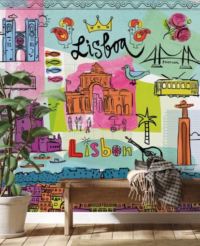 colourful illustration of lisbon wallpaper
