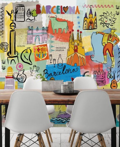 barcelona illustratie kleurrijk behang