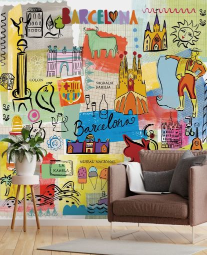 barcelona illustratie kleurrijk behang