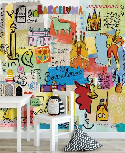 barcelona illustratie kleurrijk behang