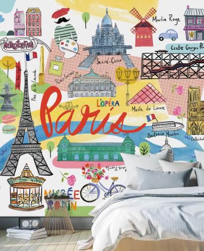 fargerik kart over paris illustrert tapet