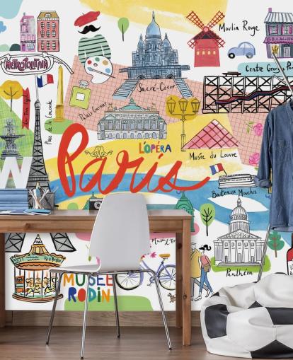 colourful map of paris illustrated wallpaper