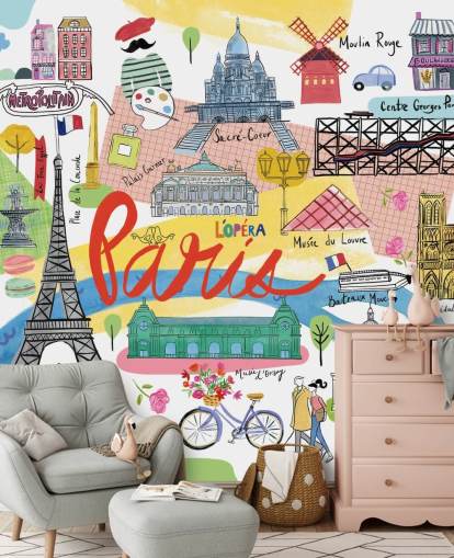 färgstark karta över paris illustrerad tapet färgstark karta över paris illustrerad tapet