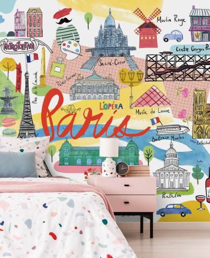 colourful map of paris illustrated wallpaper