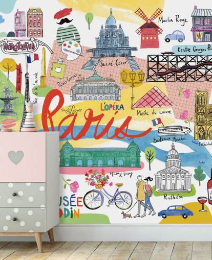 carte colorée de paris papier peint illustré