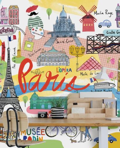 colourful map of paris illustrated wallpaper