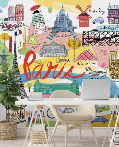 carta da parati illustrata mappa colorata di Parigi