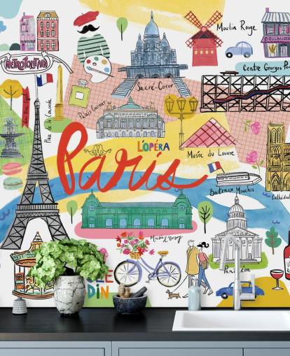 carta da parati illustrata mappa colorata di Parigi