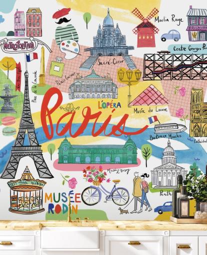 colourful map of paris illustrated wallpaper