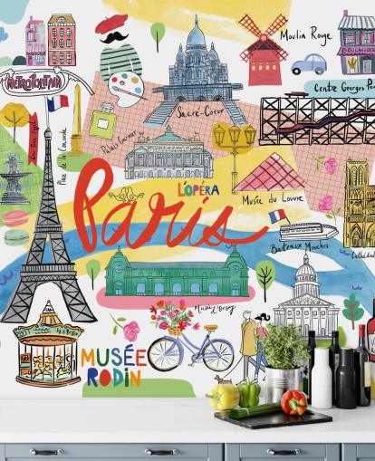 carta da parati illustrata mappa colorata di Parigi