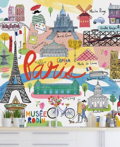 papel pintado colorido mapa de parís ilustrado