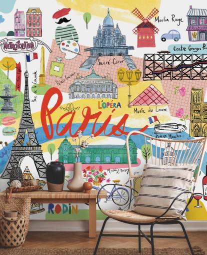 farverige kort over paris illustreret tapet