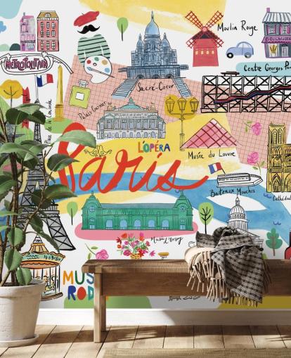 värikäs kartta paris kuvitettu tapetti