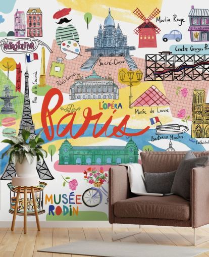 fargerik kart over paris illustrert tapet