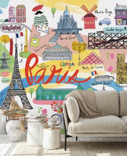 colourful map of paris illustrated wallpaper