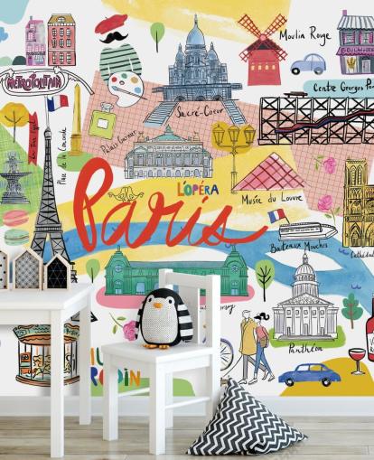 colourful map of paris illustrated wallpaper