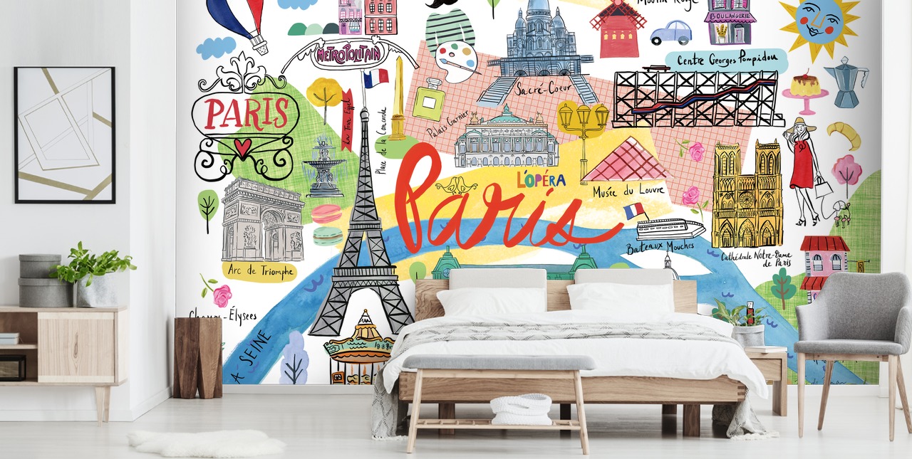 fargerik kart over paris illustrert tapet