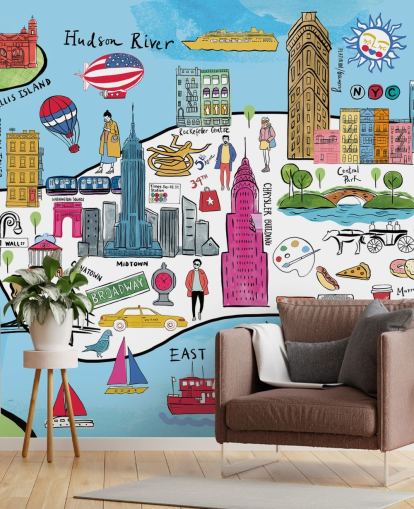 värikäs new york kartta tapetti