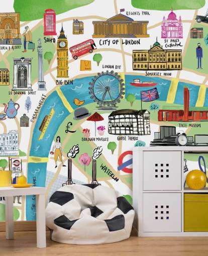 colourful illustrated london map wallpaper