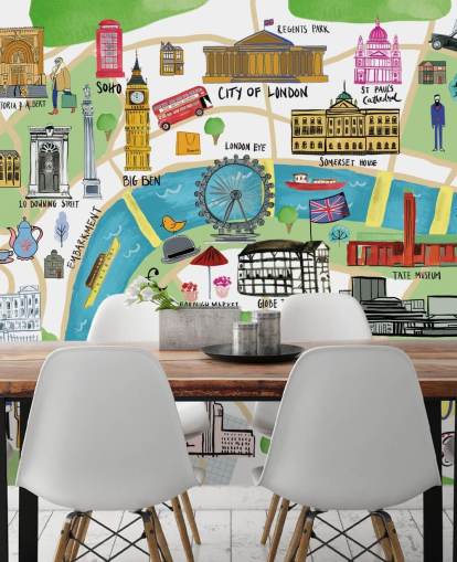colourful illustrated london map wallpaper
