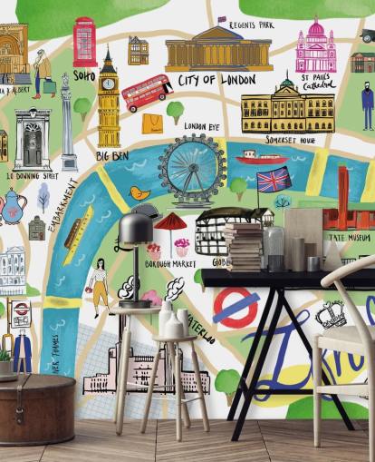 colorful illustrated london map wallpaper