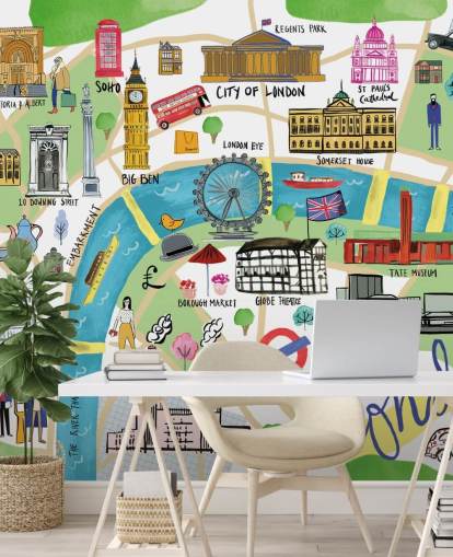 colourful illustrated london map wallpaper
