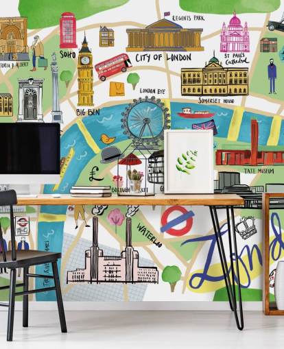 colourful illustrated london map wallpaper