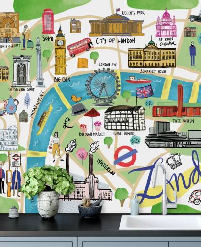 colorful illustrated london map wallpaper