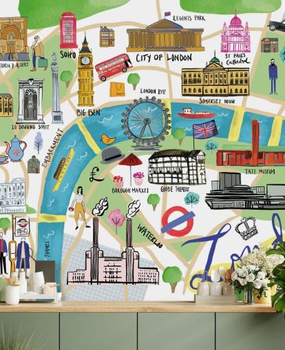 bunt illustrierte Londoner Karten-Tapete