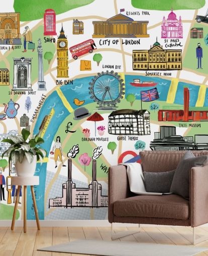 colorful illustrated london map wallpaper