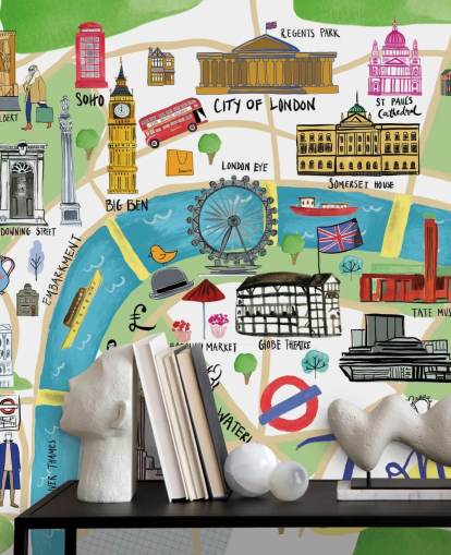 colourful illustrated london map wallpaper