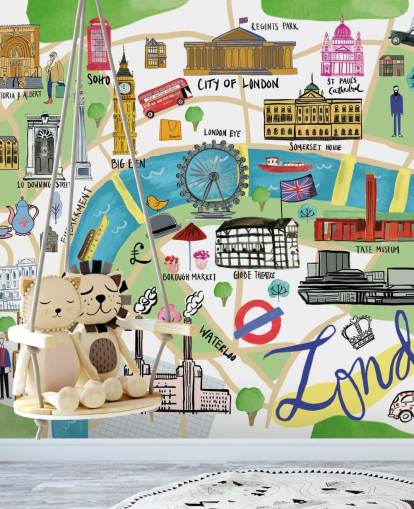 colourful illustrated london map wallpaper