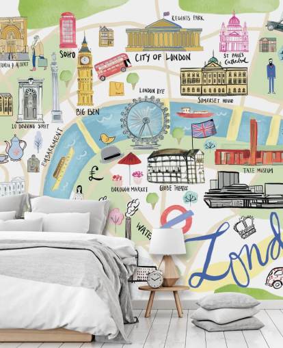 pastel illustratie van londen behang