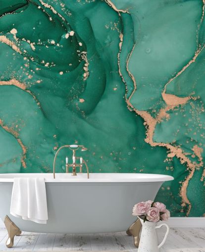 groenblauw marmereffect behang