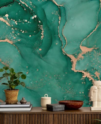 groenblauw marmereffect behang