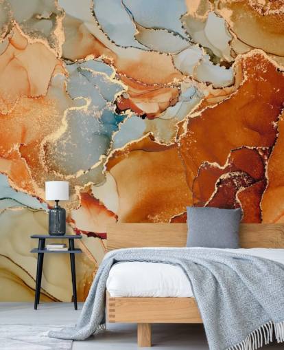 orange and gray marble effect wallpaper called Orange Watercolor for bedrooms, bathrooms and living rooms