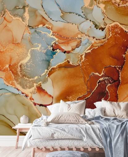 behang met oranje en grijs marmereffect genaamd Orange Watercolour voor slaapkamers, badkamers en woonkamers