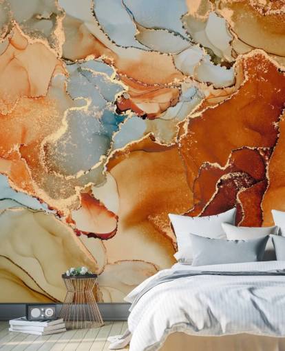orange and gray marble effect wallpaper called Orange Watercolor for bedrooms, bathrooms and living rooms
